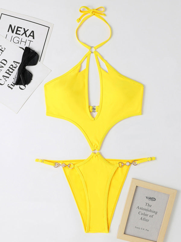 New one-piece multicolor hollow sexy pearl chain halter neck swimsuit - Fashionpara