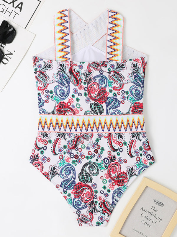 Women's Sexy Peris Print Cross Neck One Piece Swimsuit - Fashionpara