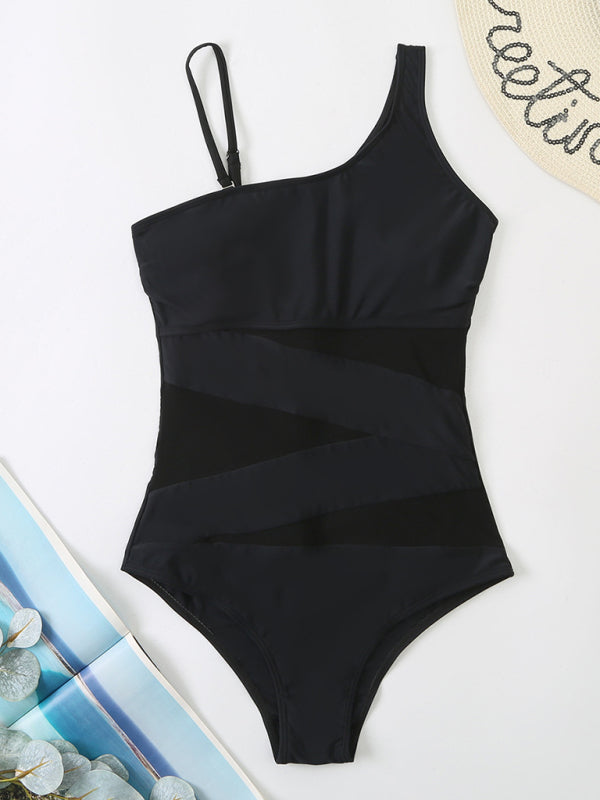 Splicing gauze one-piece swimsuit women's oblique shoulder bikini - Fashionpara