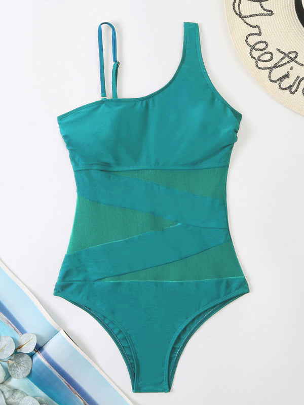 Splicing gauze one-piece swimsuit women's oblique shoulder bikini - Fashionpara