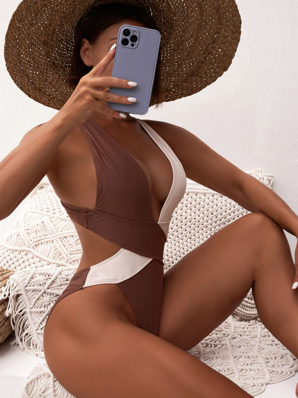 Women's bikini swimsuit cross swimsuit black and white color matching - Fashionpara