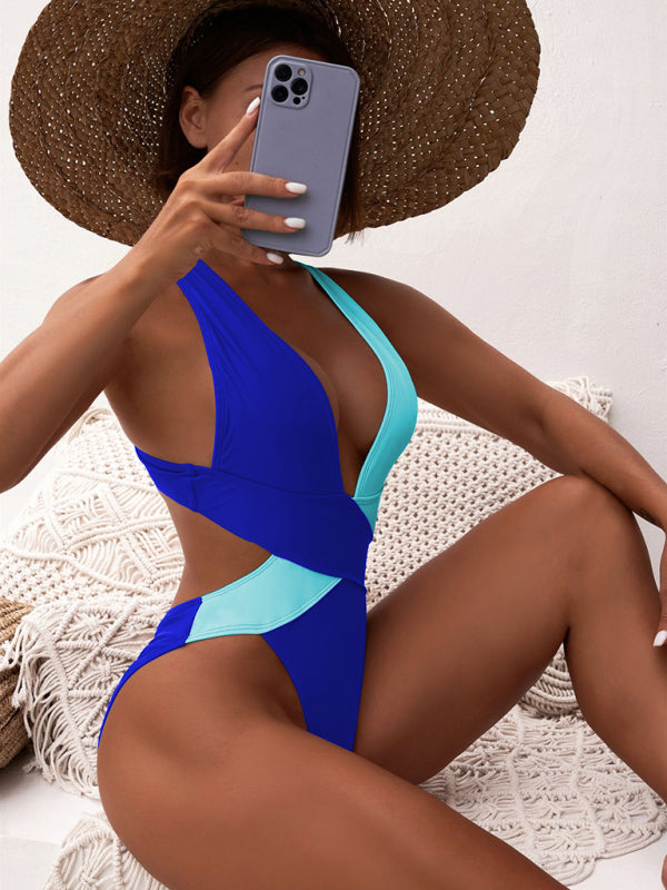 Women's bikini swimsuit cross swimsuit black and white color matching - Fashionpara