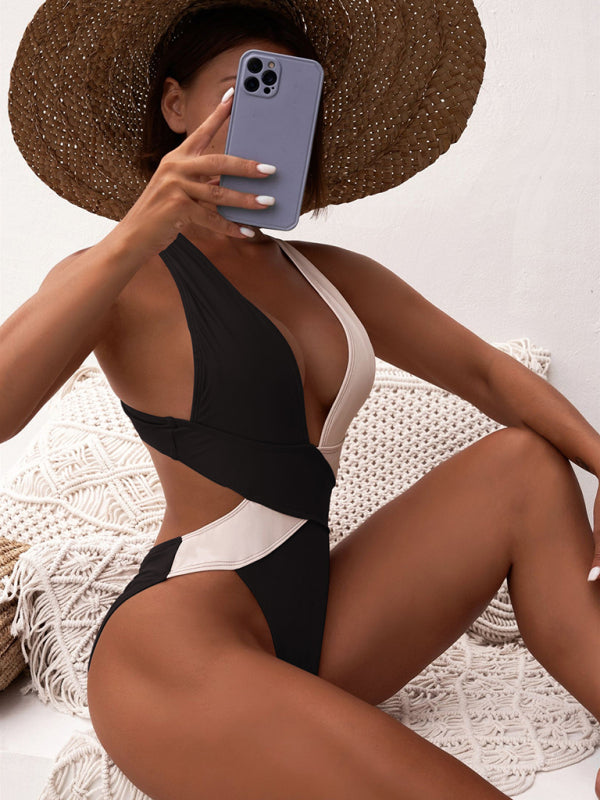 Women's bikini swimsuit cross swimsuit black and white color matching - Fashionpara