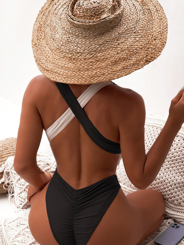 Women's bikini swimsuit cross swimsuit black and white color matching - Fashionpara
