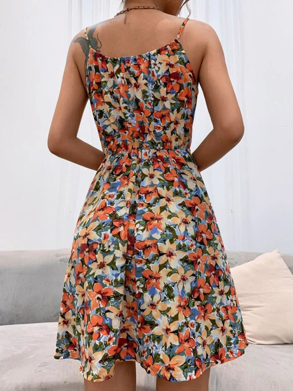 Summer New Elegant Sleeveless Dress Pullover Print Elastic Waist Suspender Skirt - Fashionpara