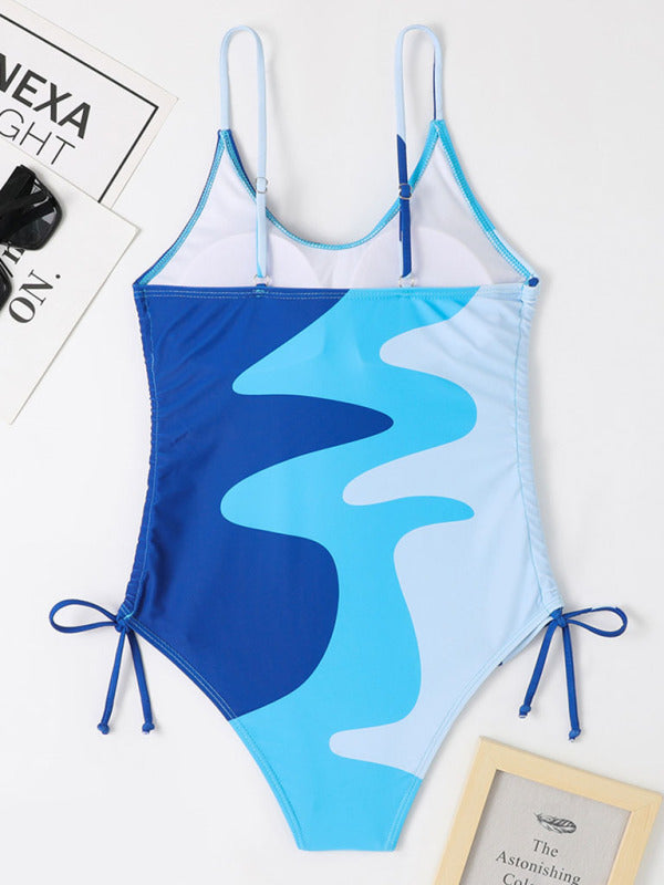 New One-Piece Swimsuit Multicolor Stitching Drawstring Corrugated Ladies Swimsuit - Fashionpara