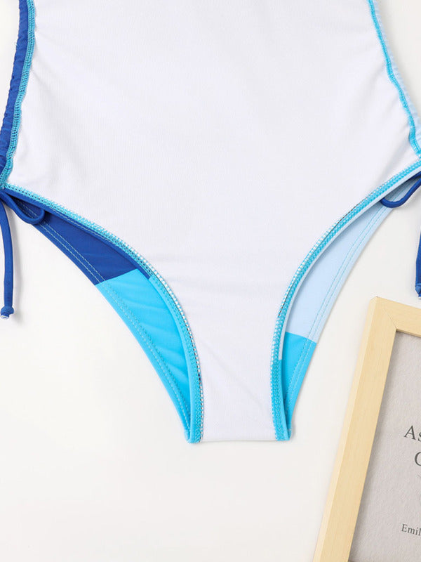New One-Piece Swimsuit Multicolor Stitching Drawstring Corrugated Ladies Swimsuit - Fashionpara