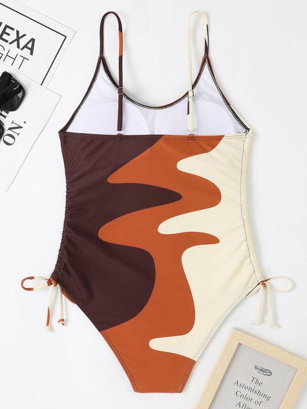 New One-Piece Swimsuit Multicolor Stitching Drawstring Corrugated Ladies Swimsuit - Fashionpara