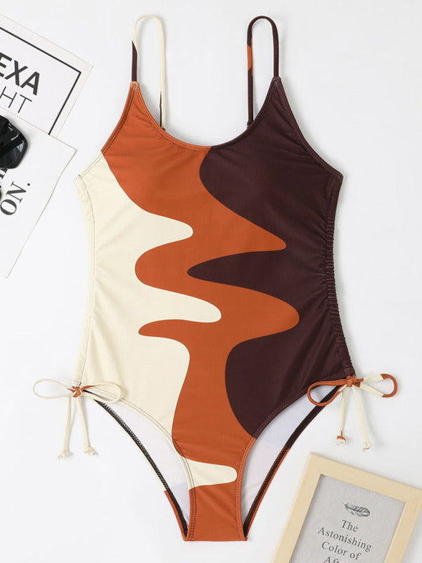 New One-Piece Swimsuit Multicolor Stitching Drawstring Corrugated Ladies Swimsuit - Fashionpara
