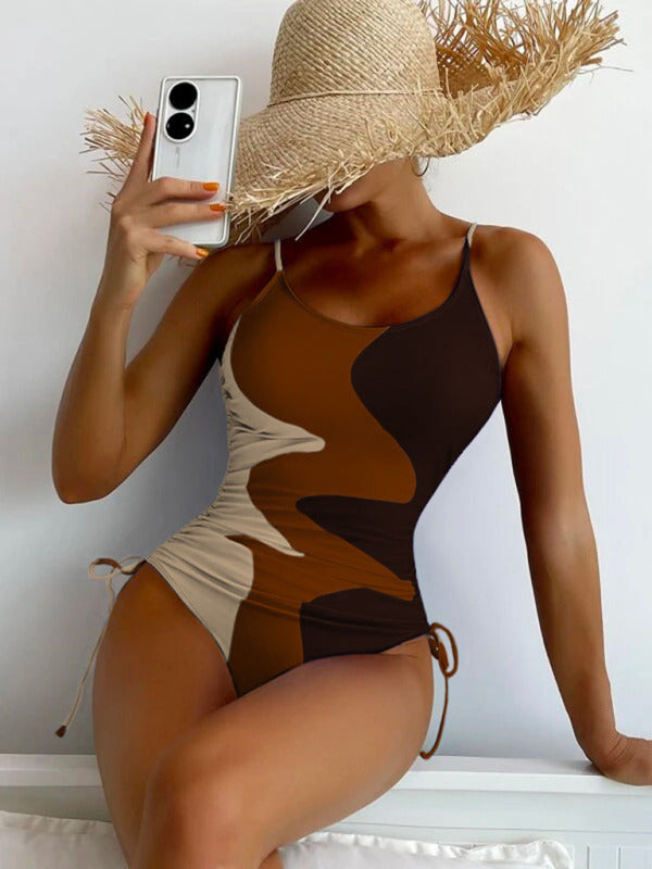 New One-Piece Swimsuit Multicolor Stitching Drawstring Corrugated Ladies Swimsuit - Fashionpara