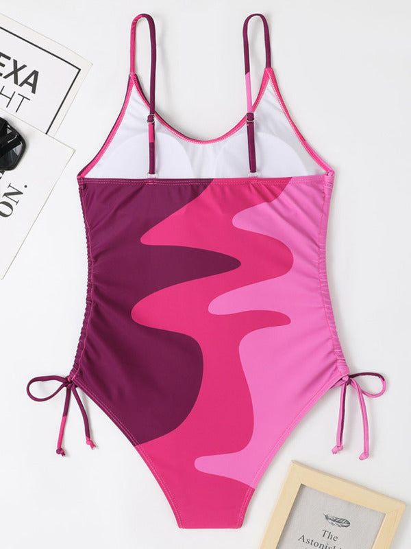 New One-Piece Swimsuit Multicolor Stitching Drawstring Corrugated Ladies Swimsuit - Fashionpara