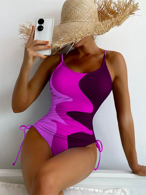 New One-Piece Swimsuit Multicolor Stitching Drawstring Corrugated Ladies Swimsuit - Fashionpara