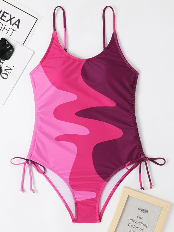 New One-Piece Swimsuit Multicolor Stitching Drawstring Corrugated Ladies Swimsuit - Fashionpara