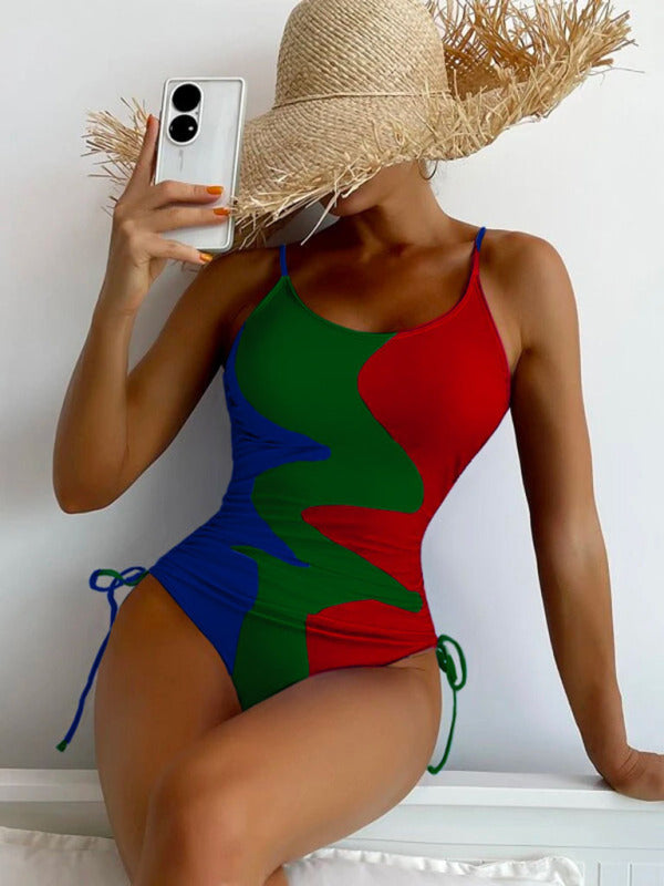 New One-Piece Swimsuit Multicolor Stitching Drawstring Corrugated Ladies Swimsuit - Fashionpara