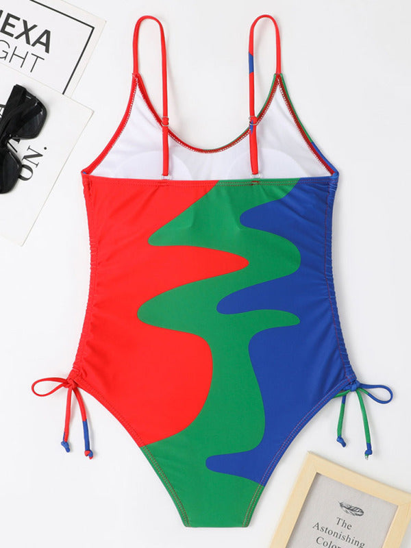 New One-Piece Swimsuit Multicolor Stitching Drawstring Corrugated Ladies Swimsuit - Fashionpara