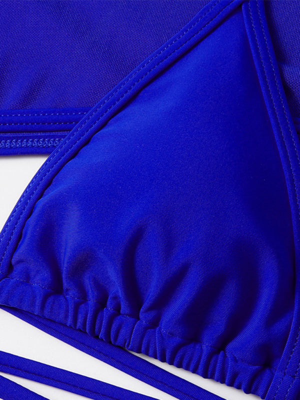 Women's swimsuit long-sleeved mesh jacket three-piece swimsuit solid color sexy bikini - Fashionpara