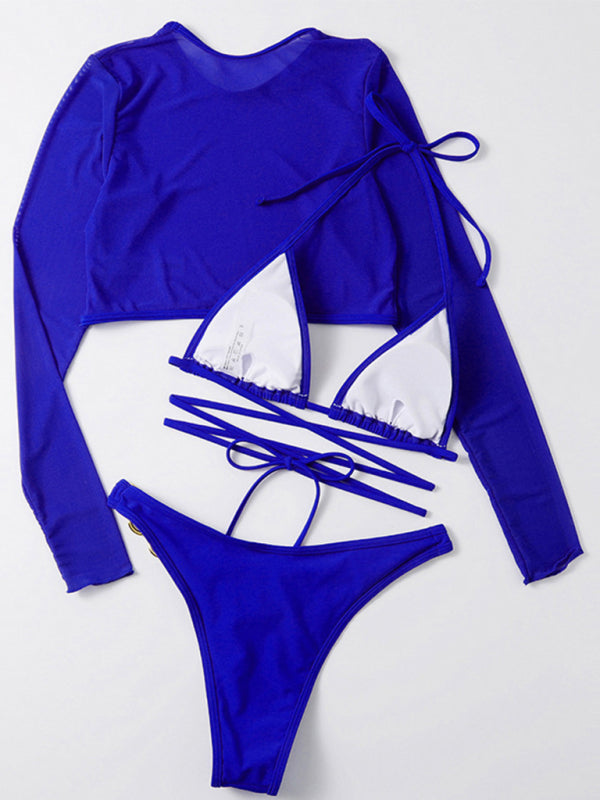 Women's swimsuit long-sleeved mesh jacket three-piece swimsuit solid color sexy bikini - Fashionpara