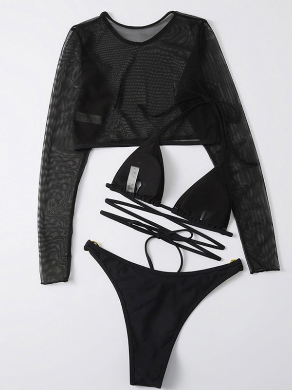 Women's swimsuit long-sleeved mesh jacket three-piece swimsuit solid color sexy bikini - Fashionpara