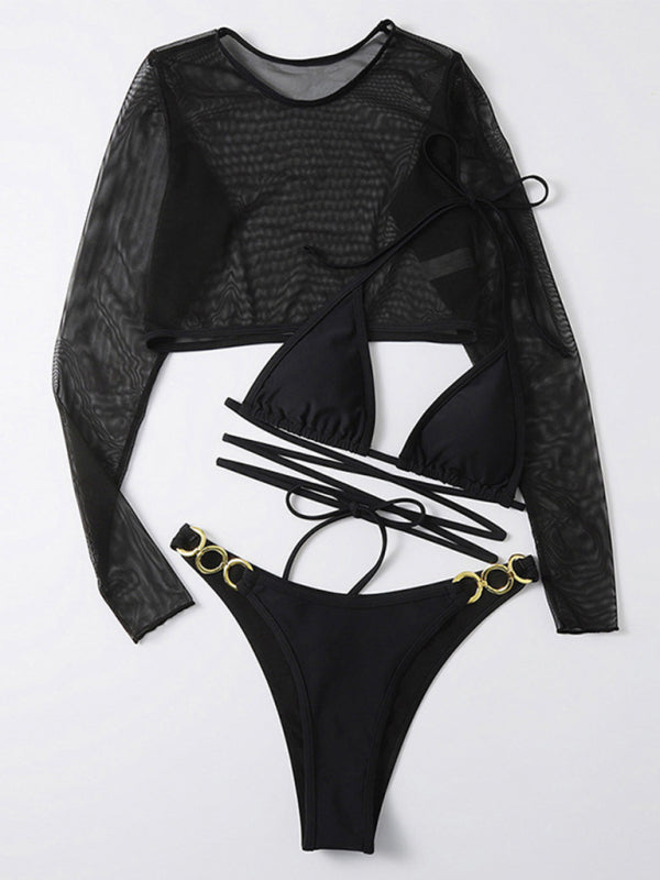 Women's swimsuit long-sleeved mesh jacket three-piece swimsuit solid color sexy bikini - Fashionpara