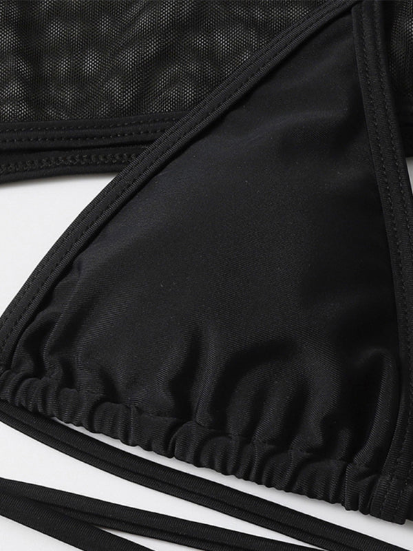 Women's swimsuit long-sleeved mesh jacket three-piece swimsuit solid color sexy bikini - Fashionpara