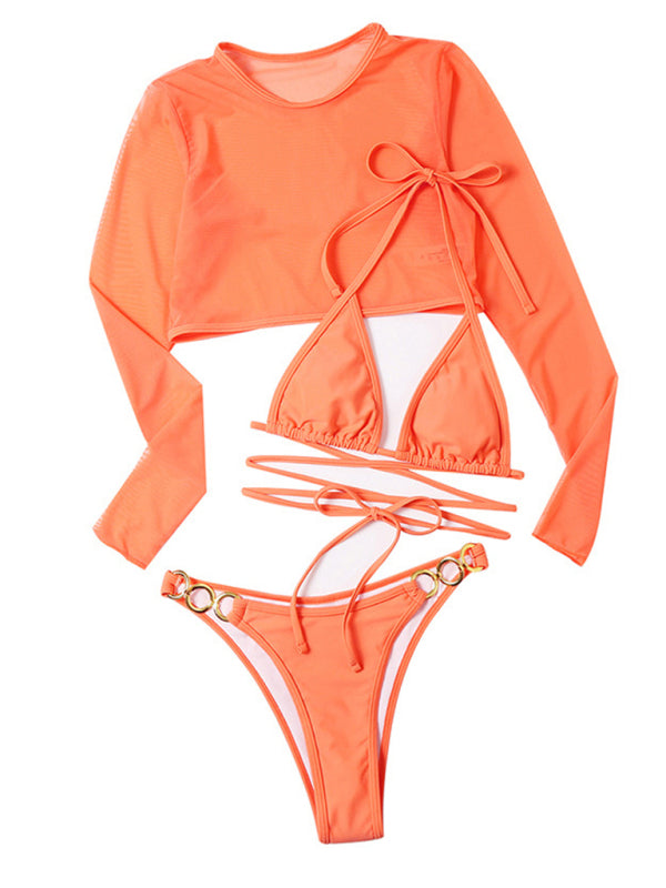Women's swimsuit long-sleeved mesh jacket three-piece swimsuit solid color sexy bikini - Fashionpara