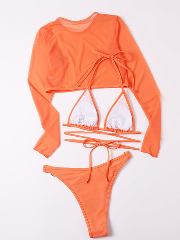 Women's swimsuit long-sleeved mesh jacket three-piece swimsuit solid color sexy bikini - Fashionpara