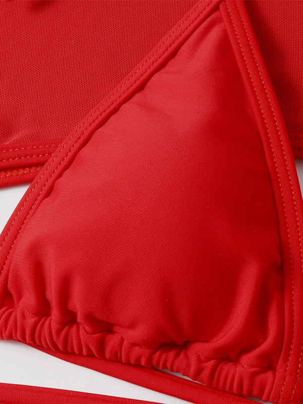 Women's swimsuit long-sleeved mesh jacket three-piece swimsuit solid color sexy bikini - Fashionpara