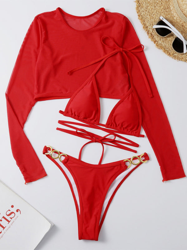 Women's swimsuit long-sleeved mesh jacket three-piece swimsuit solid color sexy bikini - Fashionpara