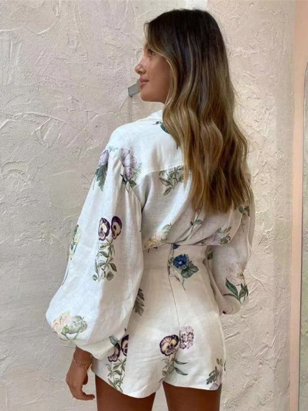 New style fresh floral ladylike temperament commuter long-sleeved shirt top high-waisted shorts suit - Fashionpara