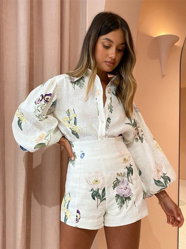 New style fresh floral ladylike temperament commuter long-sleeved shirt top high-waisted shorts suit - Fashionpara