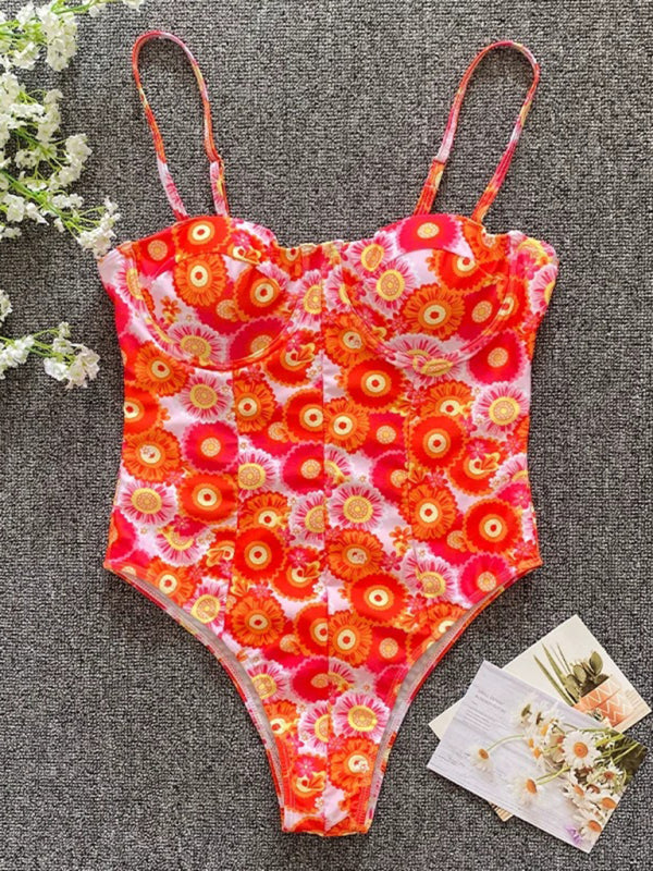 New flower one-piece low-cut high-cross swimsuit - Fashionpara