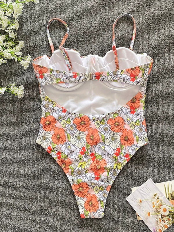 New flower one-piece low-cut high-cross swimsuit - Fashionpara