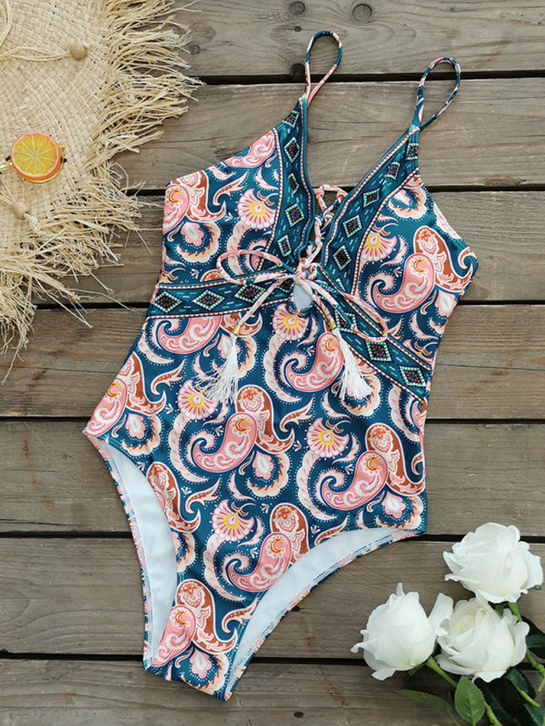 New deep V strappy one-piece swimsuit cashew flower print triangle one-piece swimsuit - Fashionpara