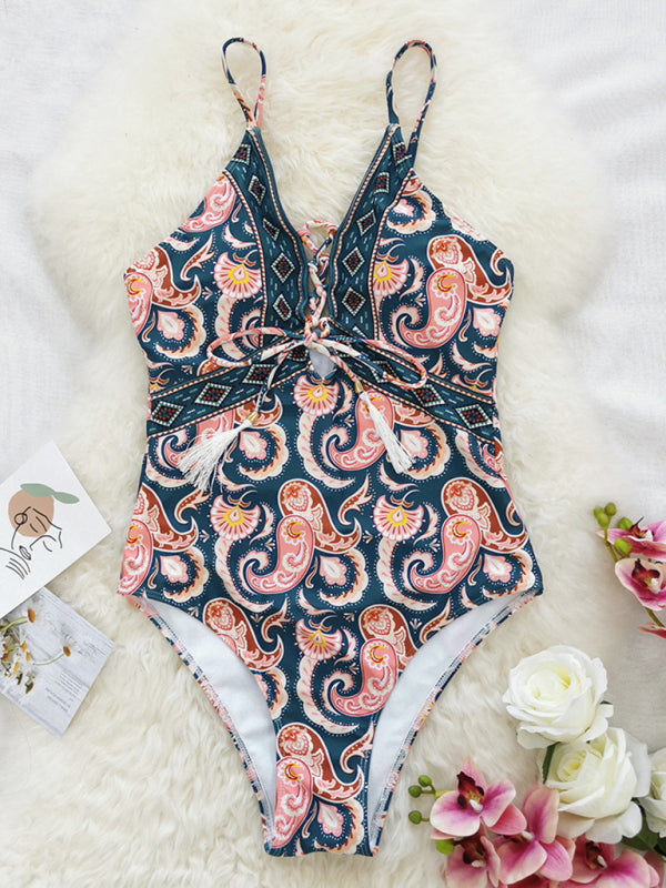 New deep V strappy one-piece swimsuit cashew flower print triangle one-piece swimsuit - Fashionpara