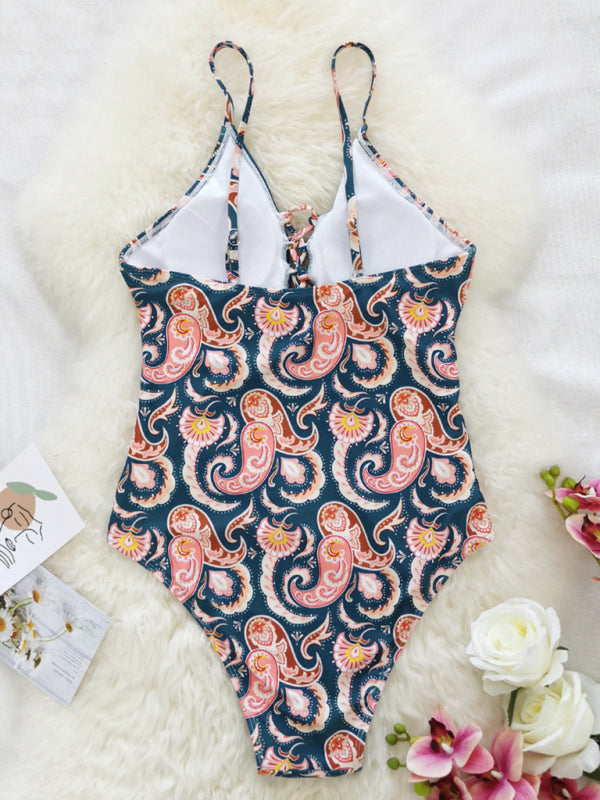 New deep V strappy one-piece swimsuit cashew flower print triangle one-piece swimsuit - Fashionpara