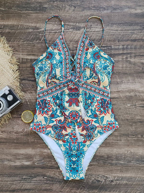 New deep V strappy one-piece swimsuit cashew flower print triangle one-piece swimsuit - Fashionpara