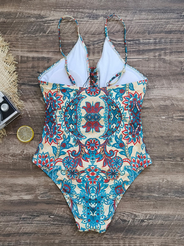 New deep V strappy one-piece swimsuit cashew flower print triangle one-piece swimsuit - Fashionpara