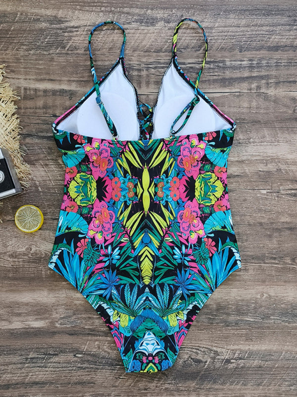 New deep V strappy one-piece swimsuit cashew flower print triangle one-piece swimsuit - Fashionpara