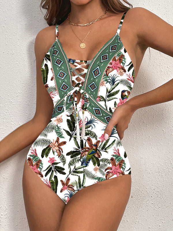 New deep V strappy one-piece swimsuit cashew flower print triangle one-piece swimsuit - Fashionpara