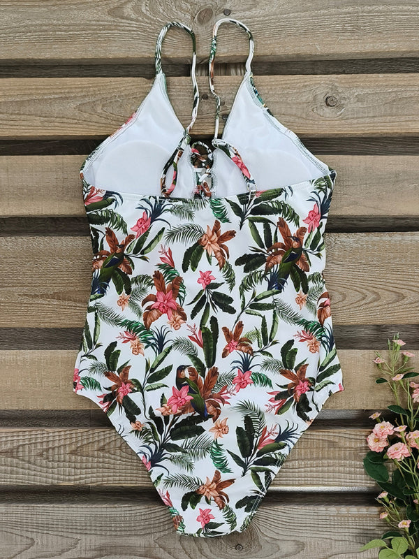 New deep V strappy one-piece swimsuit cashew flower print triangle one-piece swimsuit - Fashionpara