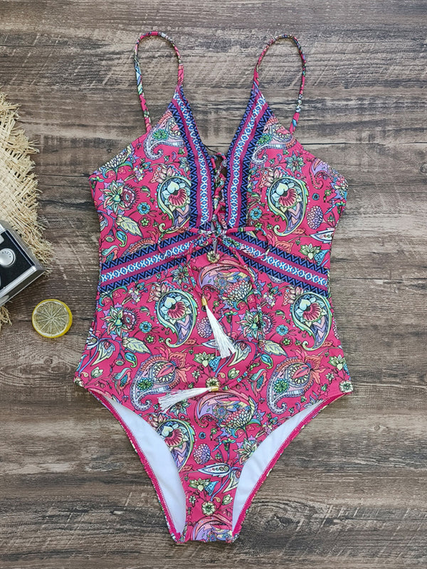 New deep V strappy one-piece swimsuit cashew flower print triangle one-piece swimsuit - Fashionpara