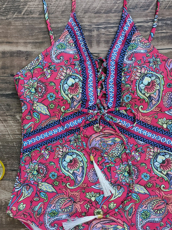 New deep V strappy one-piece swimsuit cashew flower print triangle one-piece swimsuit - Fashionpara