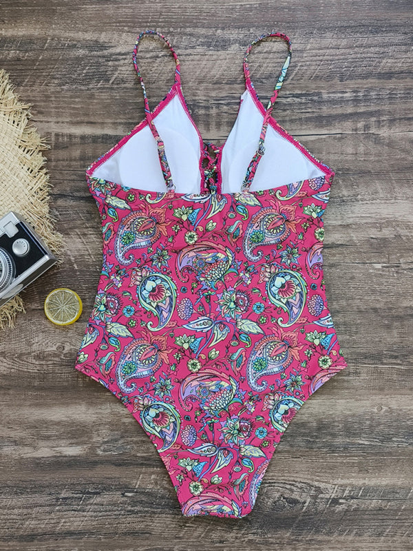 New deep V strappy one-piece swimsuit cashew flower print triangle one-piece swimsuit - Fashionpara
