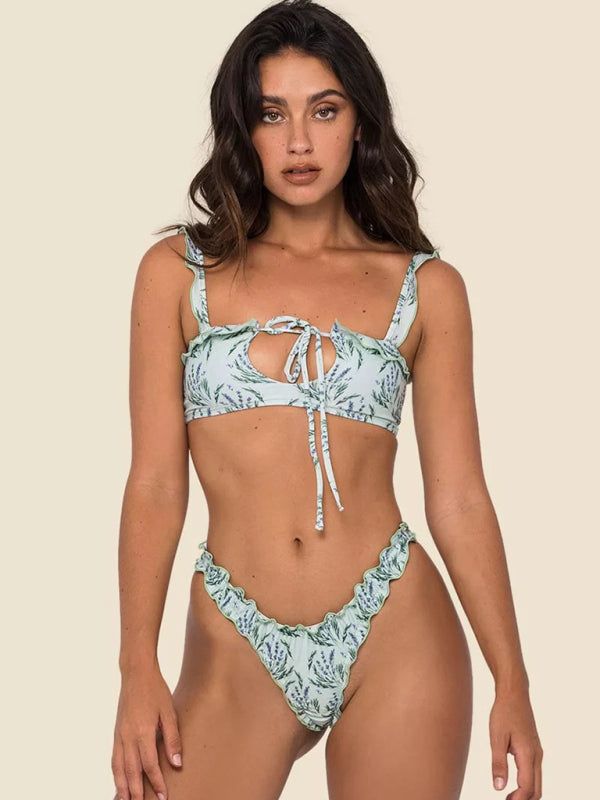 Women's new multi-color printed small fresh swimsuit lace split swimsuit bikini - Fashionpara