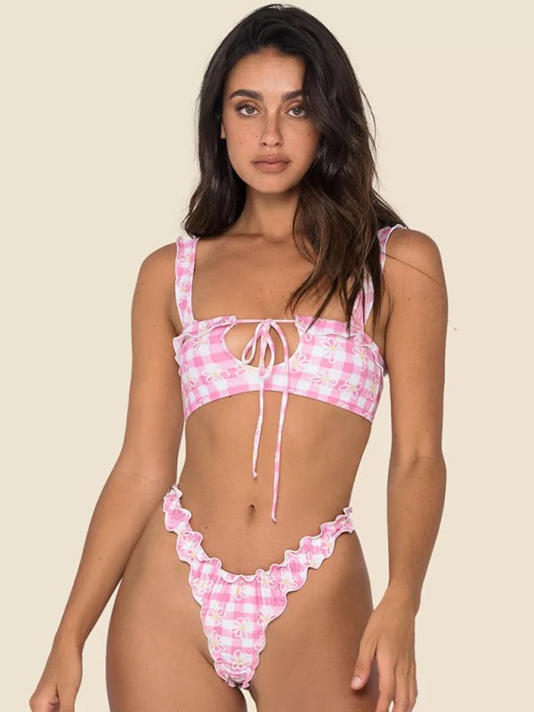 Women's new multi-color printed small fresh swimsuit lace split swimsuit bikini - Fashionpara