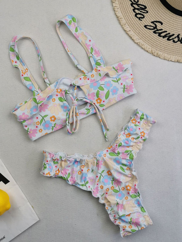 Women's new multi-color printed small fresh swimsuit lace split swimsuit bikini - Fashionpara