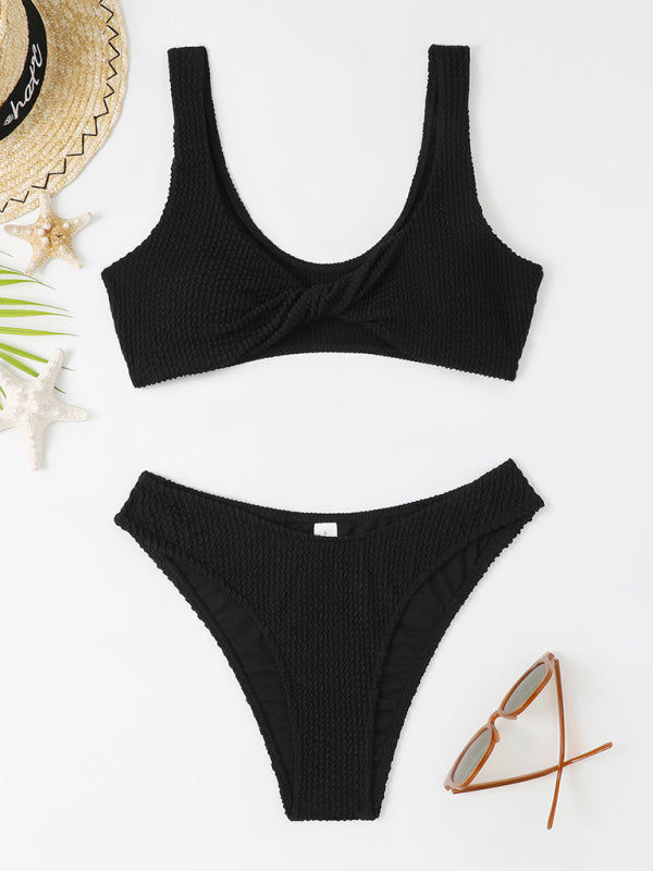 Women's twisted one-piece swimsuit wrinkled wavy fabric bikini - Fashionpara