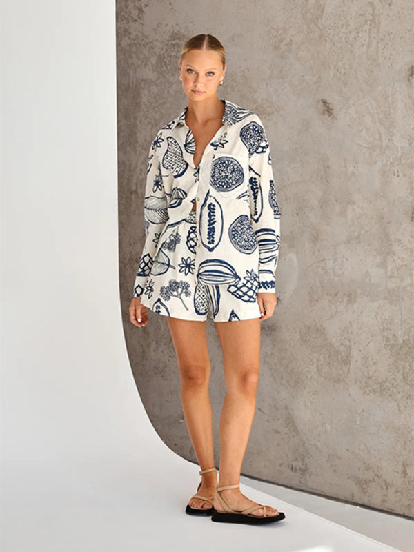 Women's New Casual Premium Fruit Print Shorts Cardigan Set - Fashionpara