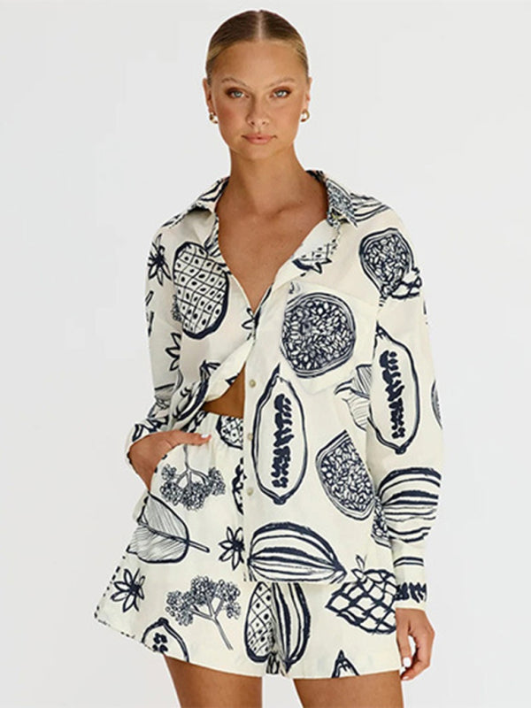 Women's New Casual Premium Fruit Print Shorts Cardigan Set - Fashionpara