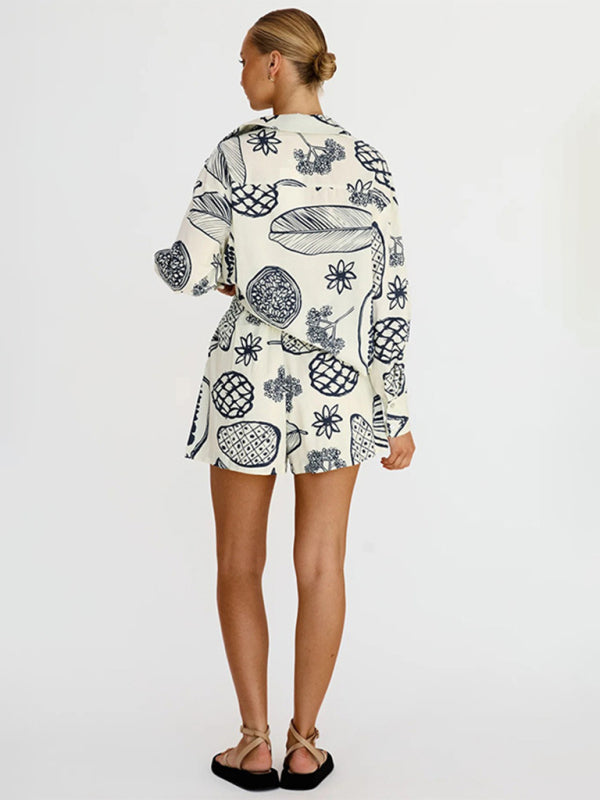 Women's New Casual Premium Fruit Print Shorts Cardigan Set - Fashionpara